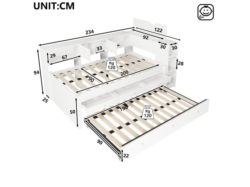  Lit gigogne 90x200 cm, couchage ouvert 90x190 cm, 3 tiroirs, usb, mdf et pin blanc sans matelas  - Conforama C