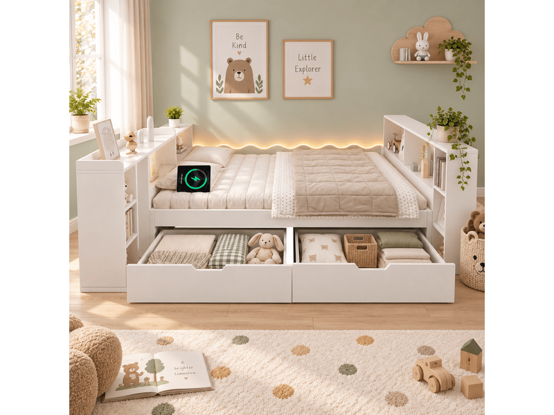  Lit combiné 140 × 200 cm avec bureau coulissant, 2 tiroirs, prises et led Fay Lum - Conforama E