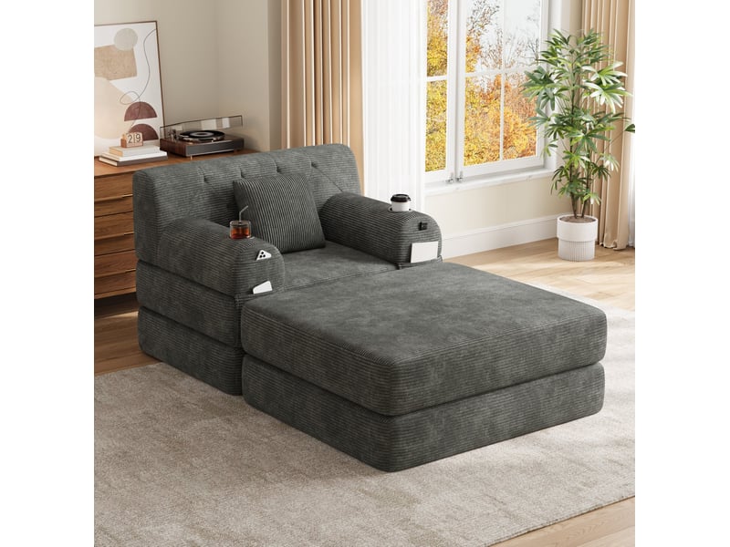  Fauteuil 1 place avec pouf en velours côtelé gris foncé, 107x162x81 cm  - Conforama B