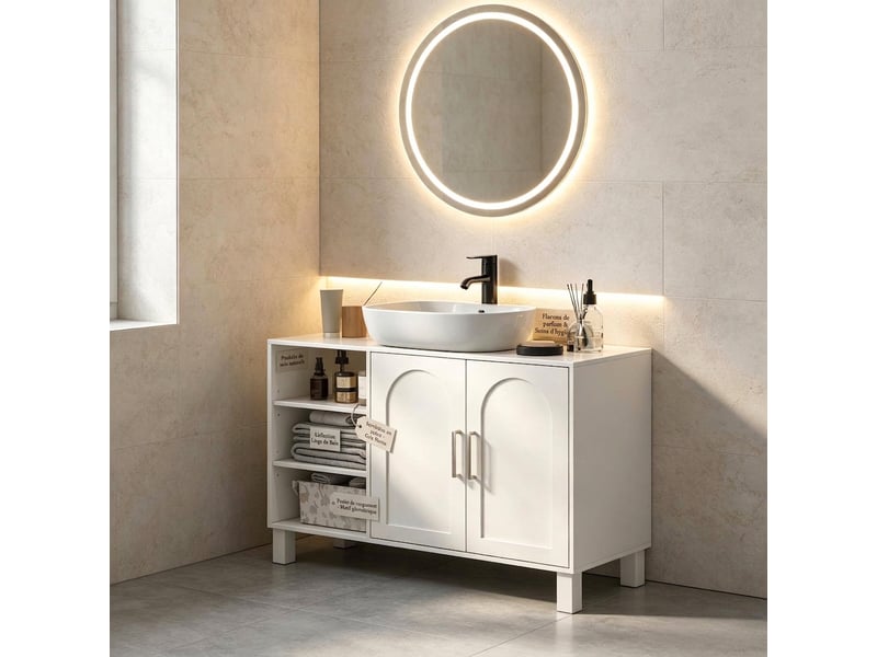  Meuble sous lavabo crème avec étagères 90 cm découpe u  - Conforama B