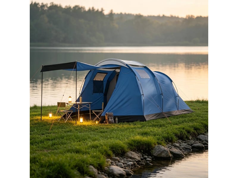Tente tunnel 4 places bleue double paroi étanche 3000 mm avec séjour, idéale pour le camping en groupe - Conforama E