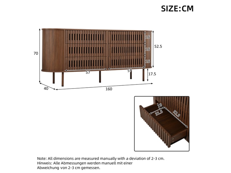  Buffet bas 6 tiroirs 160x40x70 cm en mdf coloris noyer  - Conforama C