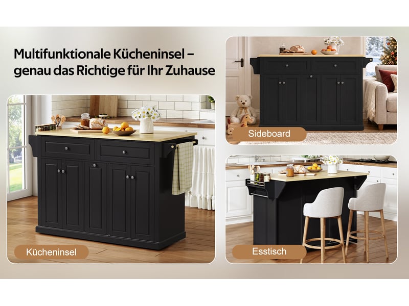  Desserte de cuisine mobile avec plan de travail rabattable, 2 grands tiroirs, roulettes verrouillables, noir et naturel  - Conforama D