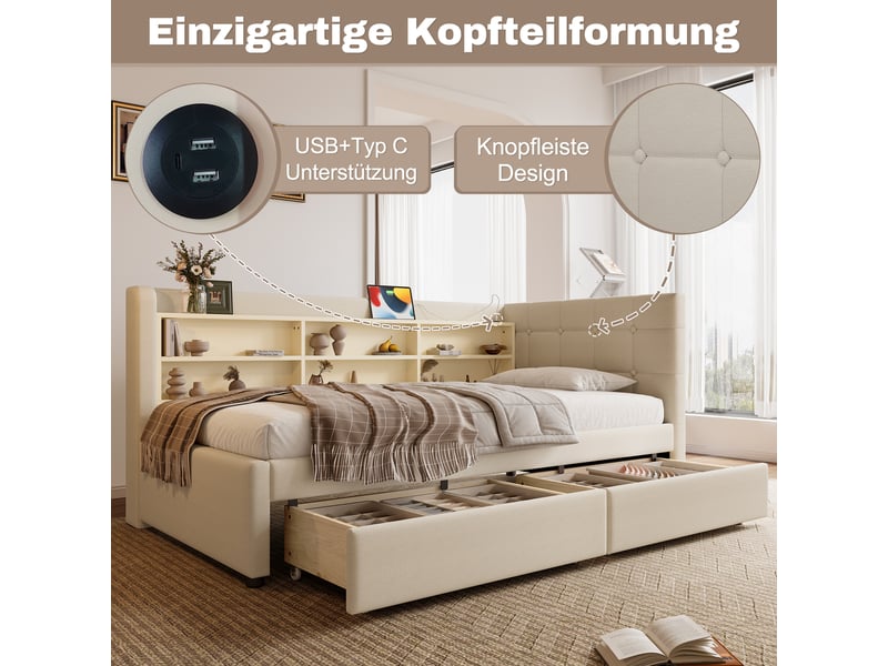  Lit banquette 90x200 lit de jour en lin beige avec 2 tiroirs - ports usb type c et étagères  - Conforama E