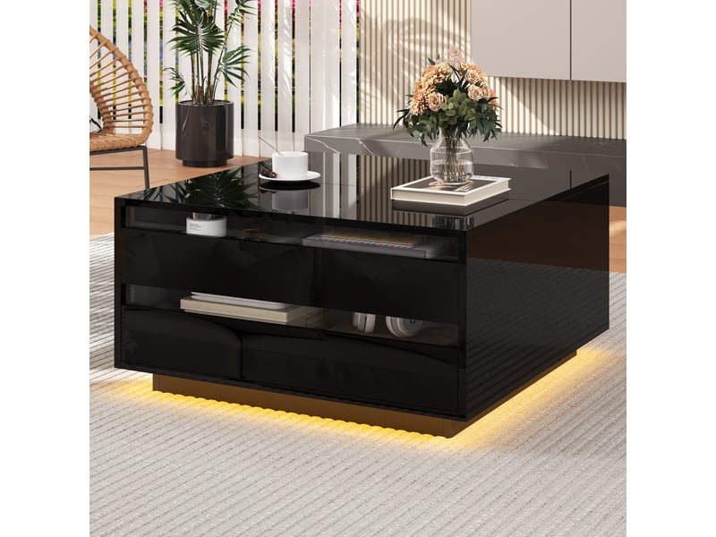  Table basse carrée 70x70x38 cm avec led, relevable, tiroir et rangement dissimulé, aggloméré, noir  - Conforama B