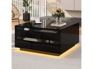 Table basse carrée 70x70x38 cm avec led, relevable, tiroir et rangement dissimulé, aggloméré, noir