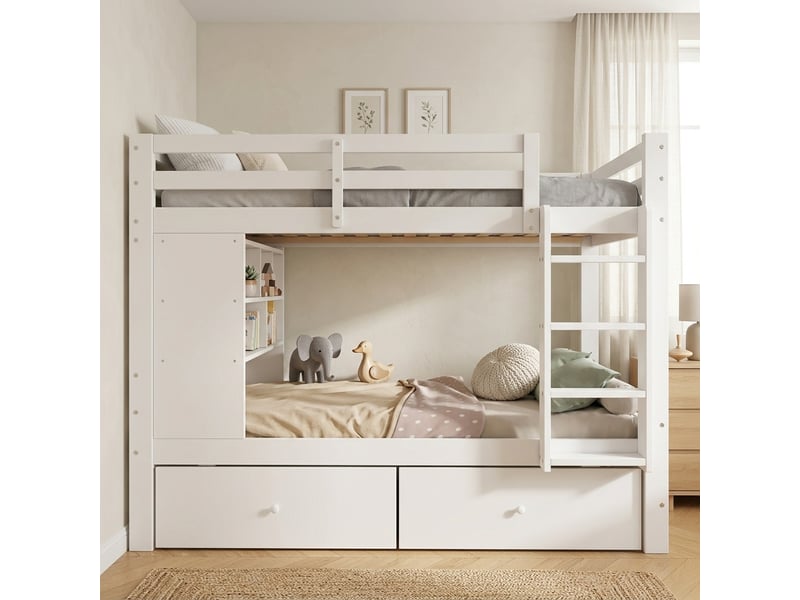  Lit superposé enfant 90x200 cm blanc en bois, 2 tiroirs, étagère ouverte, échelle et barrière de sécurité  - Conforama E
