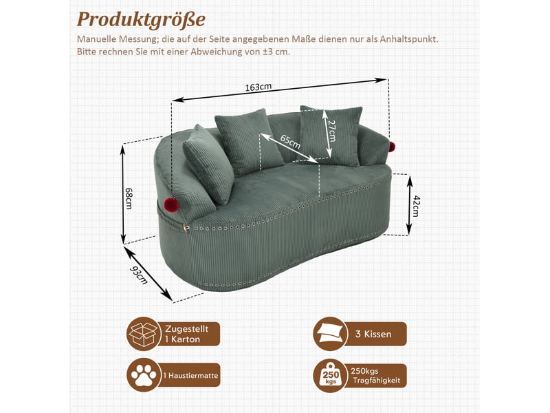  Canapé 2 places 163x93 cm – vert foncé – velours côtelé, silhouette chapeau de clown et 3 coussins inclus  - Conforama C
