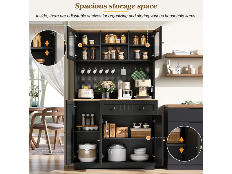  Vitrine avec tiroir, étagères réglables et panneau perforé pour cuisine 103,5×40×180 cm noire  - Conforama C