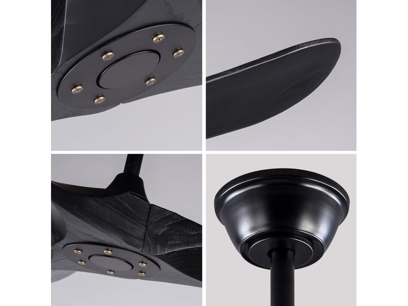 Ventilateur de plafond 132x132 cm, 3 pales en bois, sans éclairage, télécommande, noir  - Conforama D