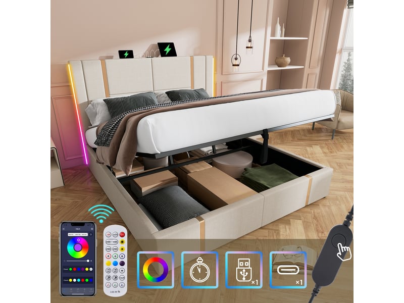  Lit double 160x200 cm avec coffre, led rgb, usb-c, lin beige, sommier bois et matelas inclus  - Conforama D