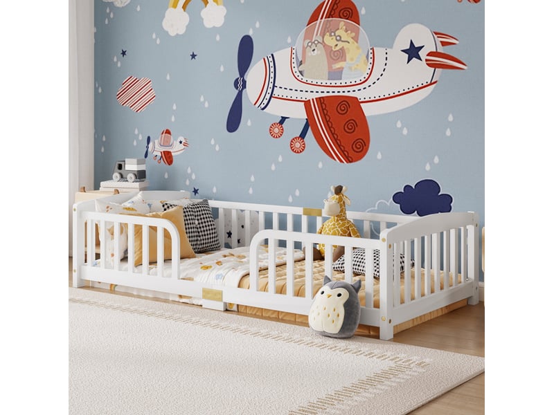  Lit au sol enfant modenvie 90 x 200 cm avec barrières de sécurité entrée centrale bois de pin et contreplaqué blanc  - Conforama D