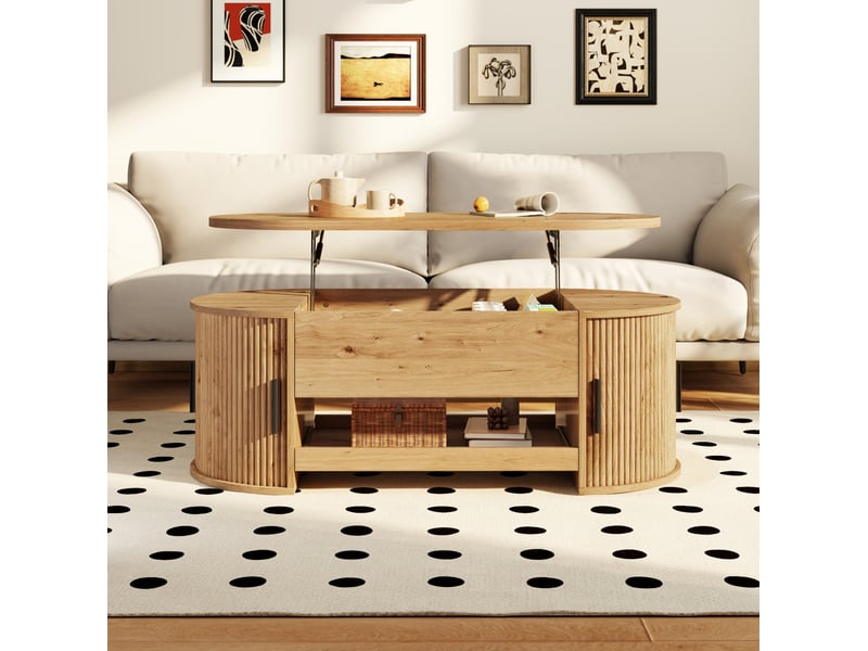  Table basse relevable 110x55 cm – naturel – rangement caché, portes latérales coulissantes, tablette extractible  - Conforama B
