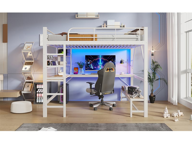 Lit mezzanine 160x200 cm, bureau, étagères, panneau perforé, led et ports usbusb-c, structure en métal et mdf, blanc - Conforama B