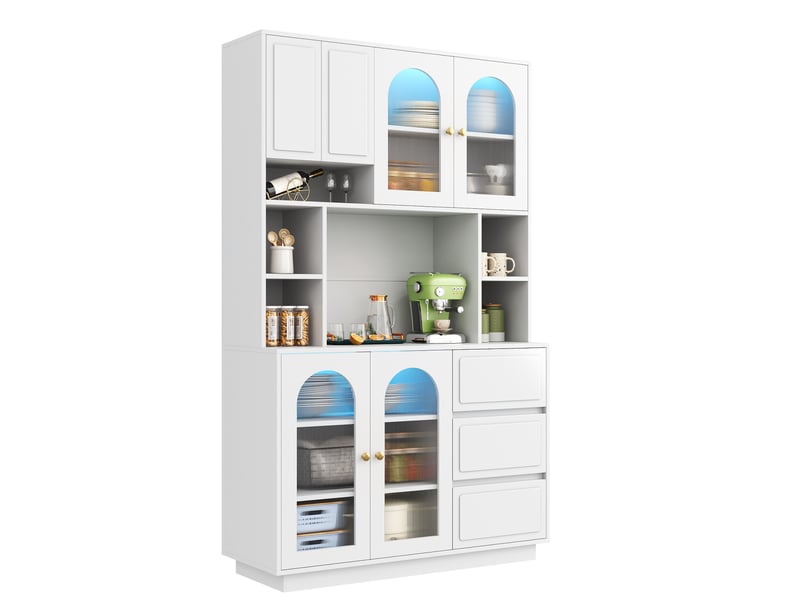  Buffet de cuisine haut blanc en mdf 106x30x175 cm, 6 portes, 3 tiroirs, portes acryliques cintrées et led  - Conforama A