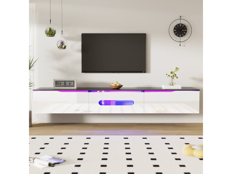  Meuble tv noir et blanc 180 cm, led 16 couleurs, mural ou à poser, finition brillante  - Conforama D