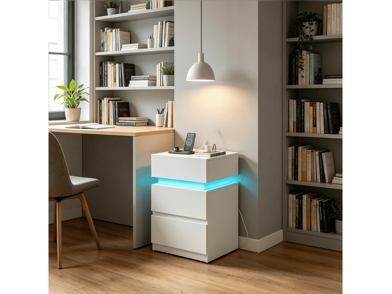  Lot de 2 tables de chevet blanches 40x35x55 cm avec led et station de charge  - Conforama B
