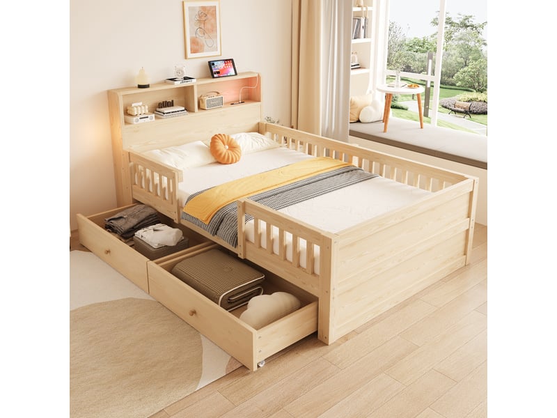 Lit enfant 90 × 190 cm 1 place avec 2 tiroirs, usb, type c et lampe de lecture, sans matelas, bois naturel - Conforama B