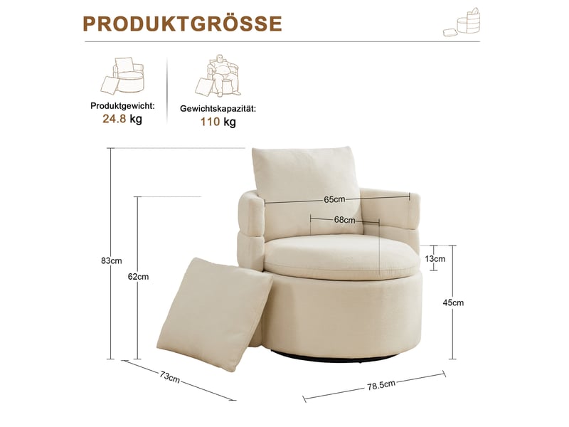  Fauteuil pivotant 360° avec rangement caché en tissu chenille ivoire 72 x 66,5 x 76 cm  - Conforama E