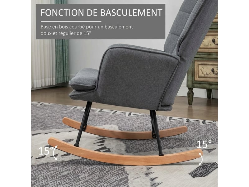  Fauteuil à bascule avec repose-pieds et dossier haut, fauteuil d'allaitement aspect lin pour salon et chambre, charge 130 kg, gris  - Conforama R