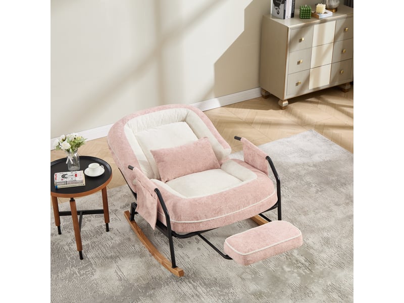  Fauteuil à bascule xxl avec repose-pieds, rocking-chair à dossier réglable, coussin rembourré, poche latérale, revêtement fausse fourrure, rose Seren Glow - Conforama E