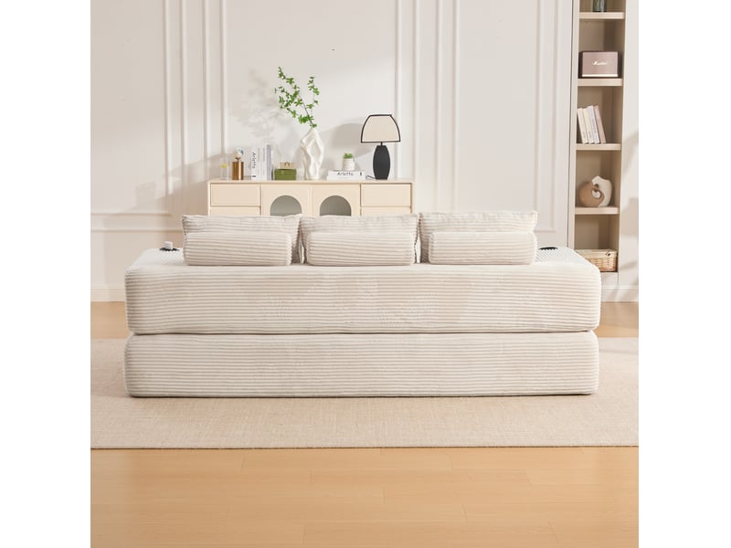  Canapé convertible 3 places modenvie en velours côtelé beige avec poches latérales, porte-gobelet, coussins à mémoire de forme et accoudoirs amovibles  - Conforama E