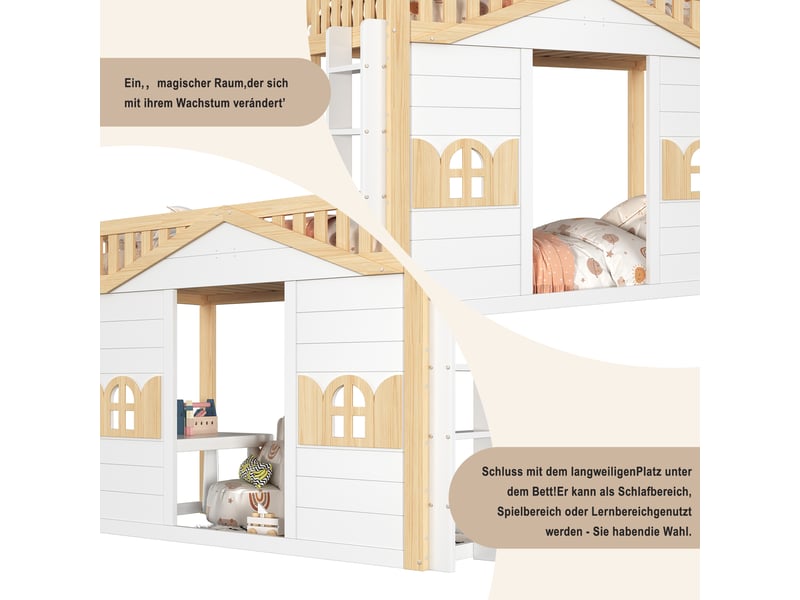 Lit mezzanine 90 × 200 cm, cabane à fenêtres, échelle réversible et espace inférieur, pin et mdf, blanc et naturel - Conforama E