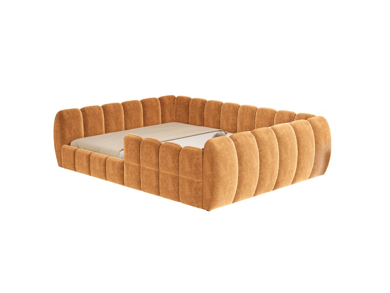  Lit enfant 2 places au sol 140×200 cm rembourré, bords arrondis - okmyhome- velours orange pour enfant, sans matelas  - Conforama A