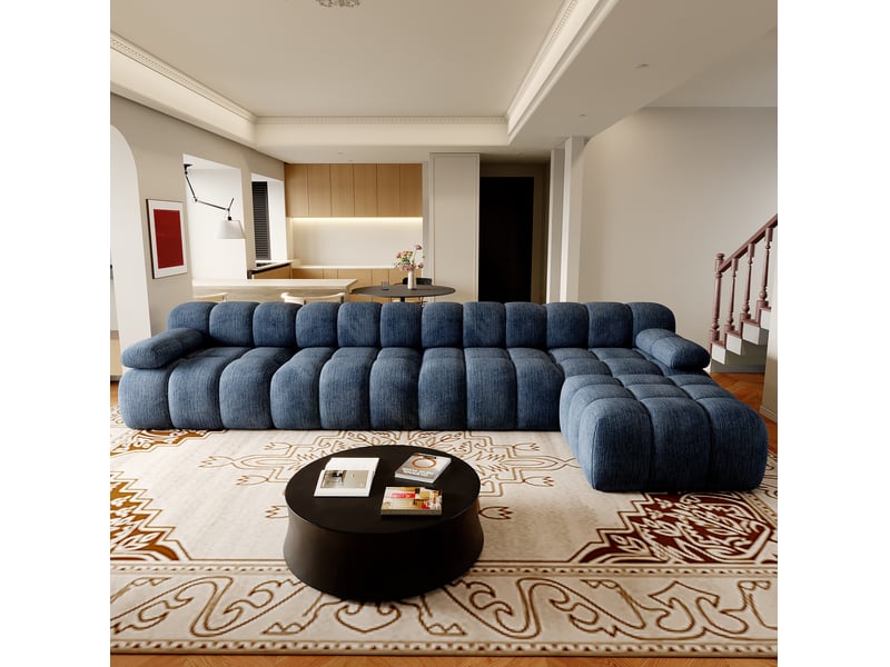  Canapé d’angle fixe 5 places en tissu bleu, 400 x 200 cm, sans montage, confort compressé pour grand salon  - Conforama E