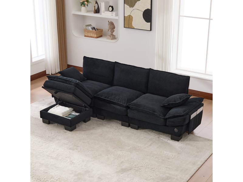  Canapé modulable 3 places en velours côtelé noir avec pouf de rangement  - Conforama C