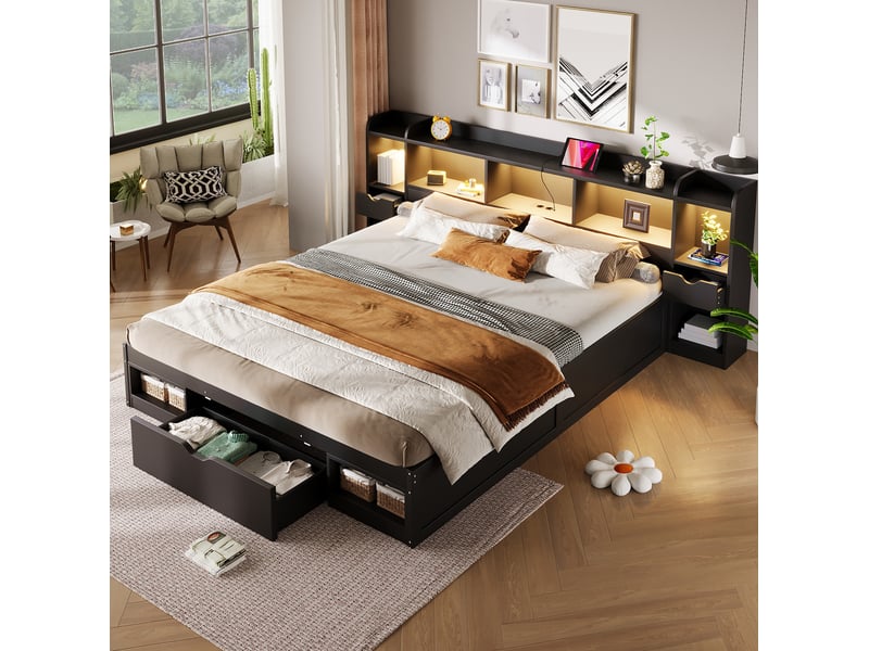  Lit plateforme 180 x 200 cm avec rangements, 3 tiroirs, éclairage led et port usb noir  - Conforama B