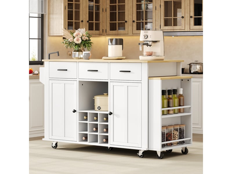 Îlot de cuisine mobile avec plan de travail extensible et prises usb - lpospi - mdf blanc et chêne naturel 136×50×93 cm - Conforama B