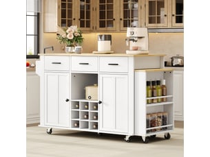 Îlot de cuisine mobile avec plan de travail extensible et prises usb - mdf blanc et chêne naturel 136×50×93 cm