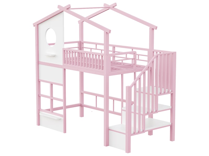  Lit mezzanine 90 x 200 cm - avec éclairage led - avec escalier - rose (matelas non inclus)  - Conforama W