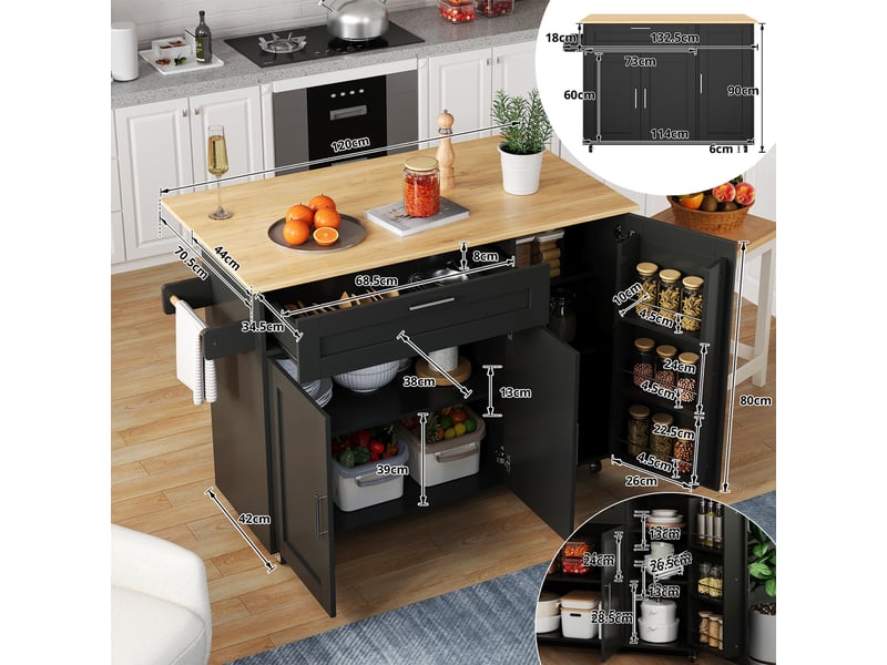 Îlot de cuisine mobile noire et naturelle 132.5 x 44 x 90 cm – îlot roulant avec plan rabattable imitation chêne,5 roulettes dont 2 freinées TG Store - Conforama C