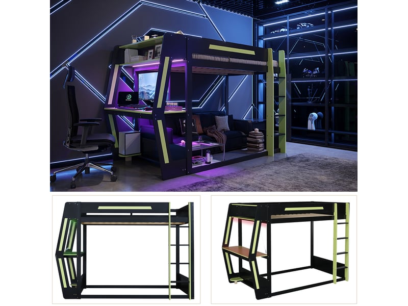  Lit mezzanine enfant 120x200 cm – noir et vert – bureau gaming, led et étagères intégrés – sans matelas  - Conforama B