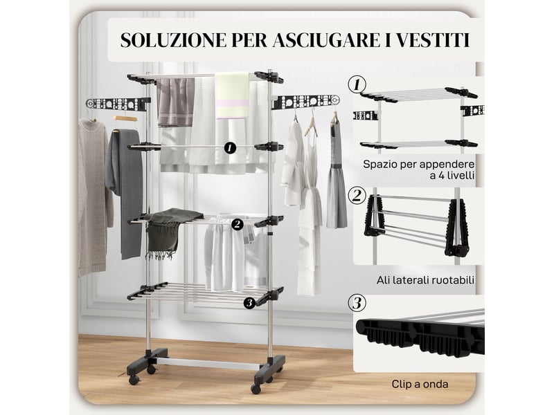  Séchoir vertical à 4 étagères réglables, acier et plastique, 142 x 55 x 172 cm, noir et argent  - Conforama E