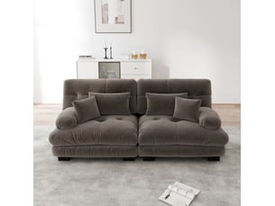 Canapé d'angle 2 places en chenille marron avec 2 coussins lombaires et 2 coussins décoratifs