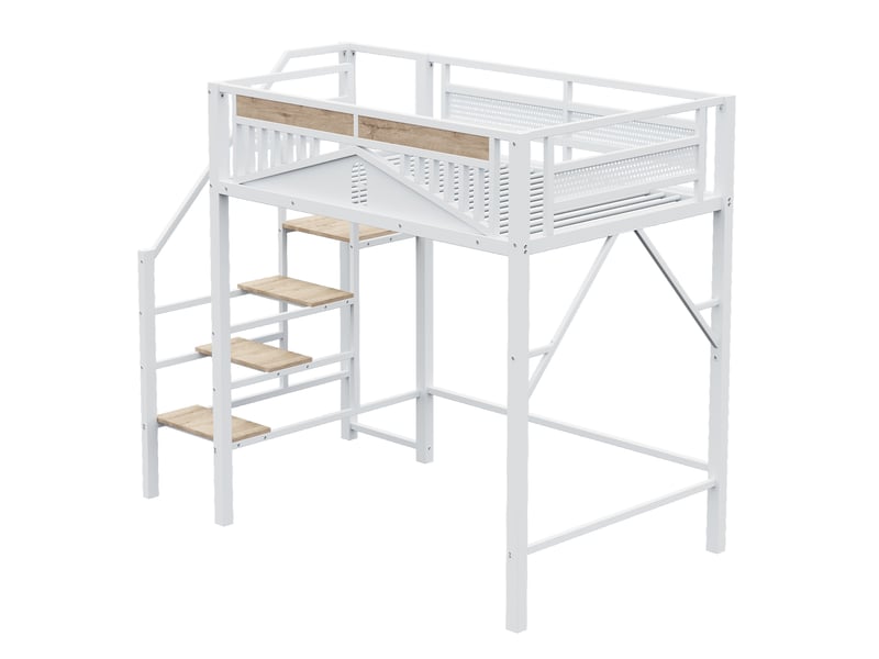 Lit mezzanine enfant 140x200 cm – blanc – escalier sécurisé, garde-corps et espace sous le lit – sans matelas - Conforama E