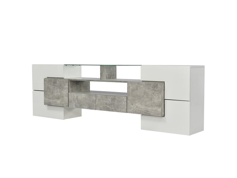  Meuble tv avec 6 portes et 2 tiroirs, 200 x 35 x 60 cm, éclairage led multicolore, 3 compartiments et finition brillante, mdf, gris Morn Vibe - Conforama E