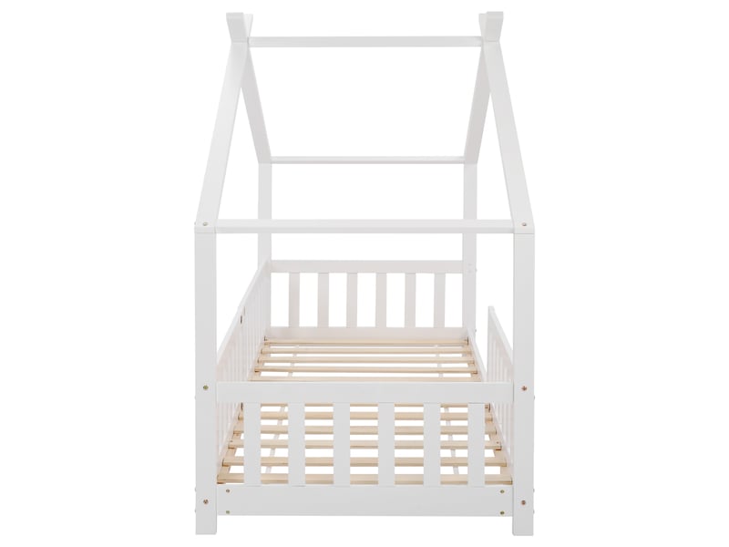  Lit cabane enfant simple 90×200 cm avec barrière de sécurité  - sans matelas, bois massif - blanc  - Conforama A