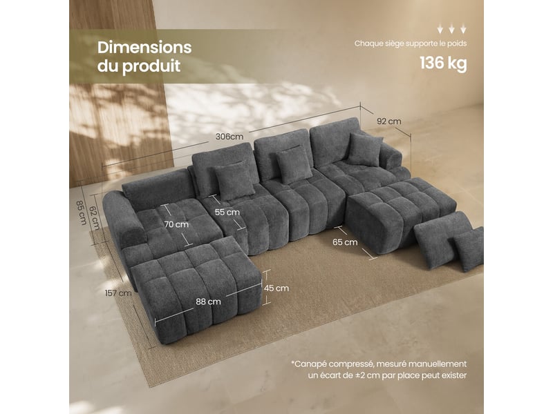  Ensemble canapé d'angle modulable et pouf, convertible en tissu chenille pour salon, gris  - Conforama D