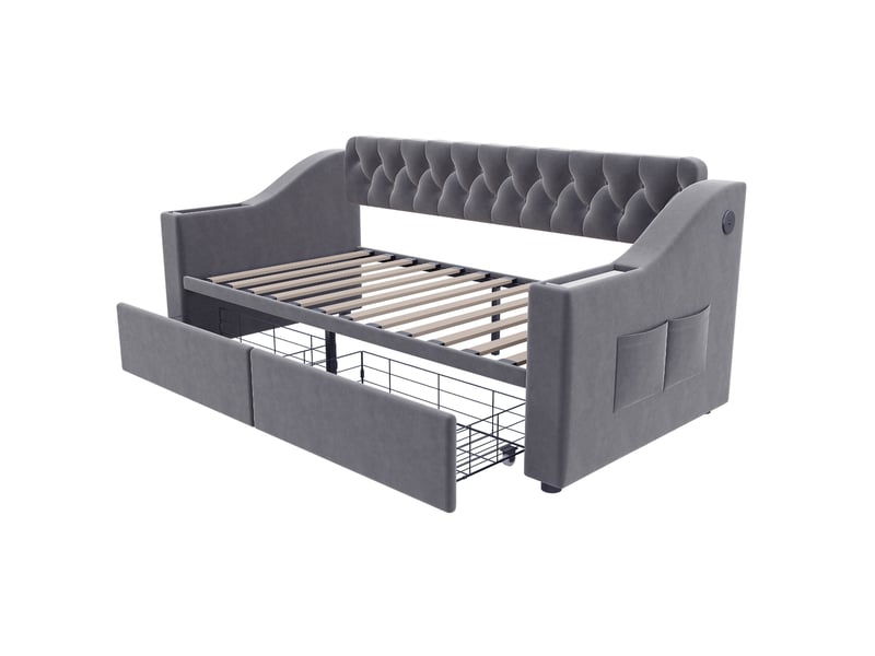  Lit enfant 90 x 190 cm tiroirs de rangement accoudoirs larges ports de charge usbtype-c velours gris foncé sans matelas  - Conforama R