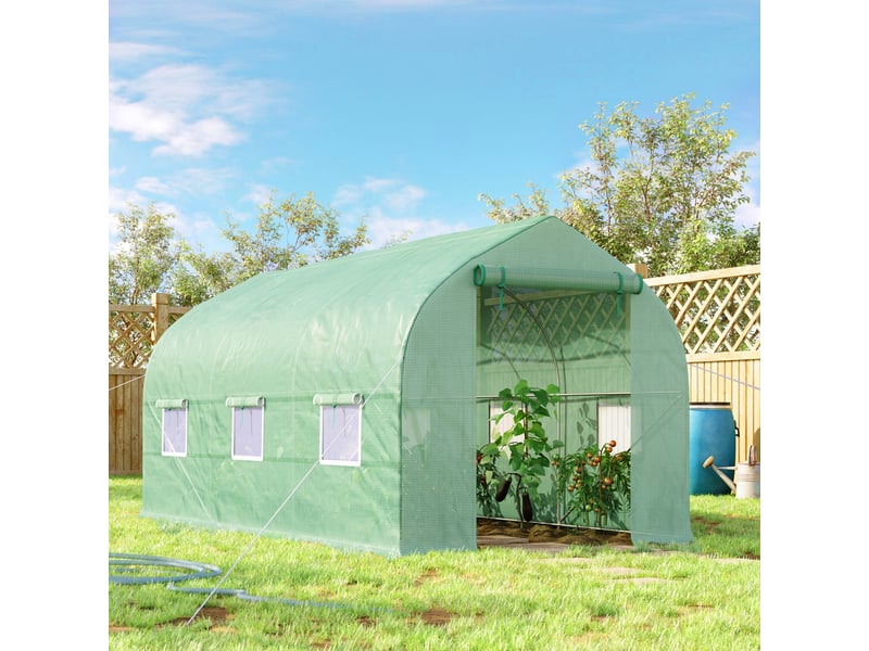 Serre de jardin tunnel 4x2x2 m avec 6 fenêtres respirantes et porte enroulable pour légumes (verte) - Conforama C