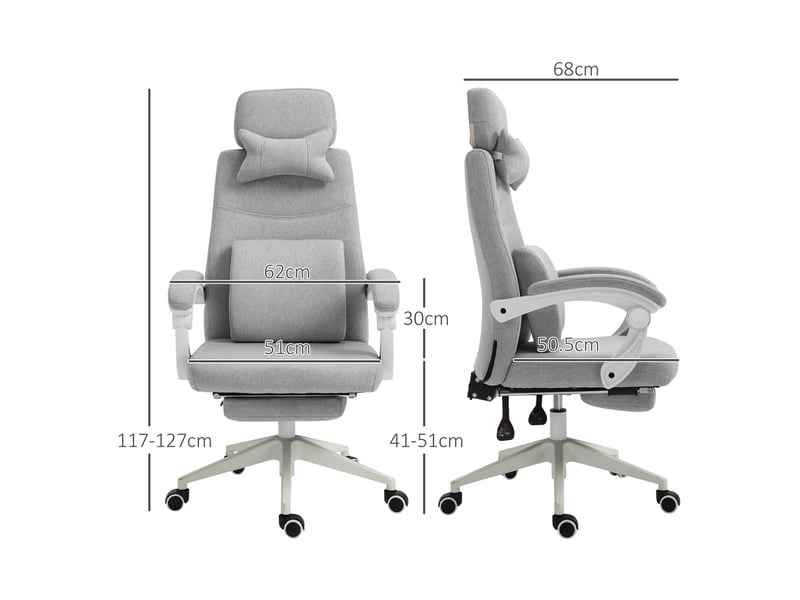  Chaise de bureau ergonomique, chaise de bureau à roulettes, coussin lombaire, appui-tête et repose-pieds amovibles, grise 62 x 68 x 117-127 cm  - Conforama E