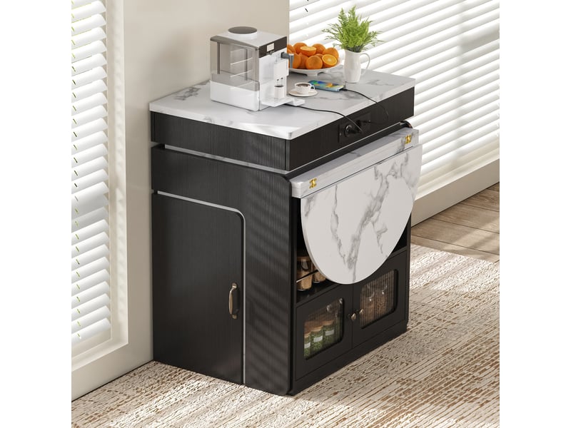  Îlot de cuisine extensible 55-194 x 80 x 95,5 cm, prises, led, portes vitrées, tiroir et roulettes, noir, en mdf robuste  - Conforama D