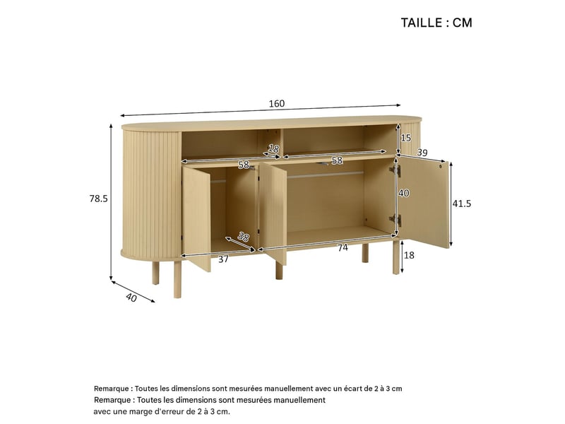  Buffet 3 portes et 2 niches en panneau de particules coloris naturel 160x40x78.5 cm N625P485265266H - Conforama C