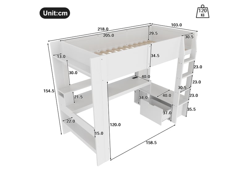  Lit mezzanine 90 x 200 cm, lit enfant surélevé, tiroirs de rangement, bureau intégré, étagères ouvertes, éclairage led, bois massif, blanc Morn Vibe - Conforama C