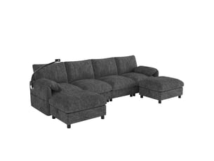 Canapé d'angle modulable gris 6 places tissu chenille, port usb-c, support téléphone et poufs de rangement