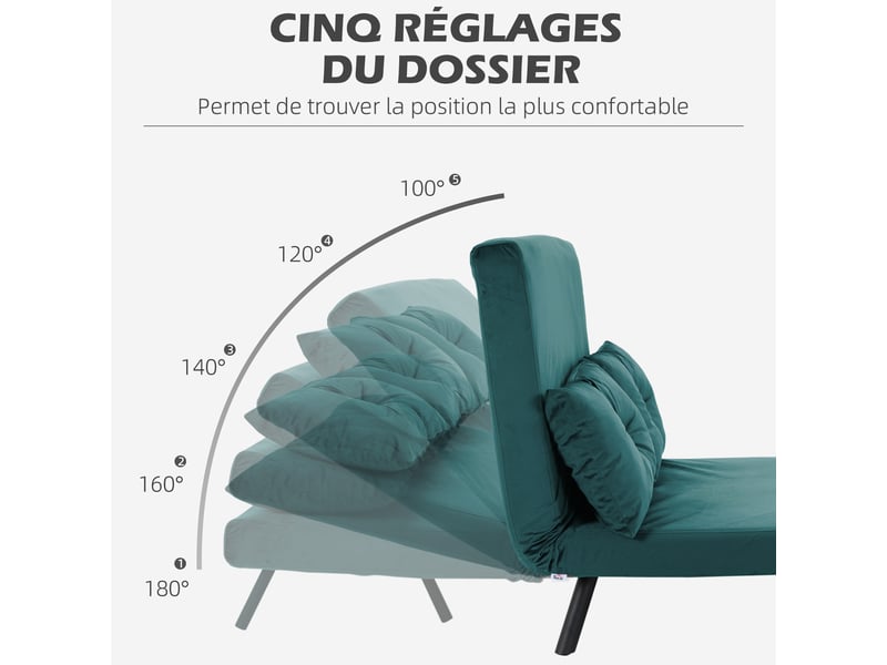 Canapé convertible 2 places avec dossier réglable à 5 niveaux et 2 coussins rembourrés, vert canard, revêtement velours - Conforama E